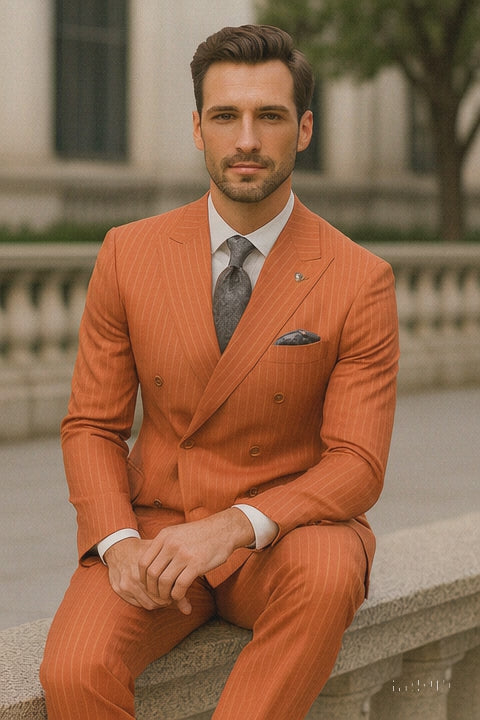 Men’s Orange Pinstripe Double-Breasted Suit – Stylish Formalwear