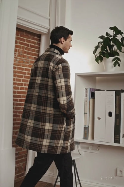 Plaid Wool Overcoat – Brown & Camel Mixed Color Topcoat