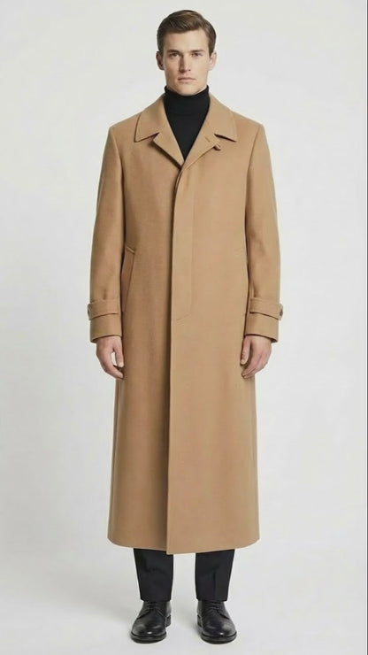 Men’s Full-Length Camel Overcoat – Classic Long Microfiber-Blend Coat for Winter and Formal Wear Maxi Duster Coat