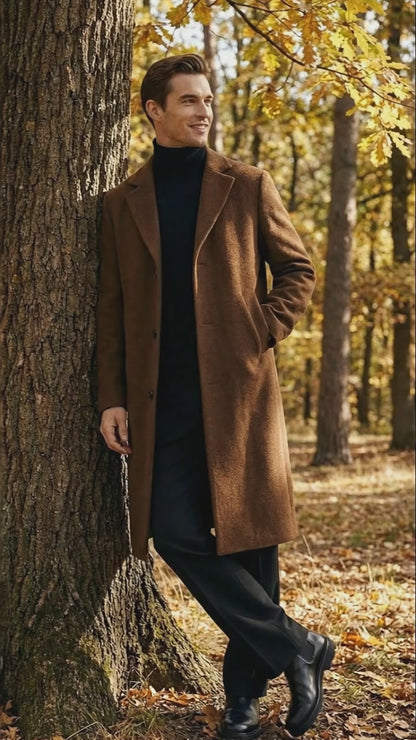 Men’s Brown Long Wool Overcoat – Topcoat Wool Carcoat Three Quarter