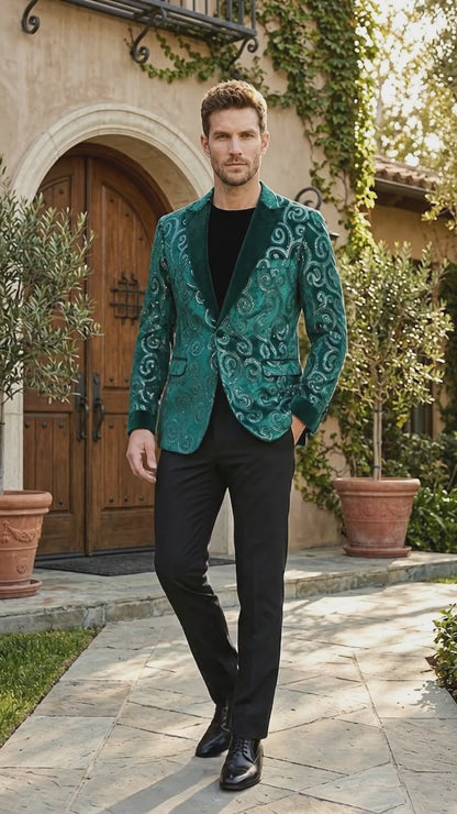 Men’s Emerald Green Paisley Tuxedo Dinner Jacket with Black Lapel, Formal Prom Wedding Party Blazer