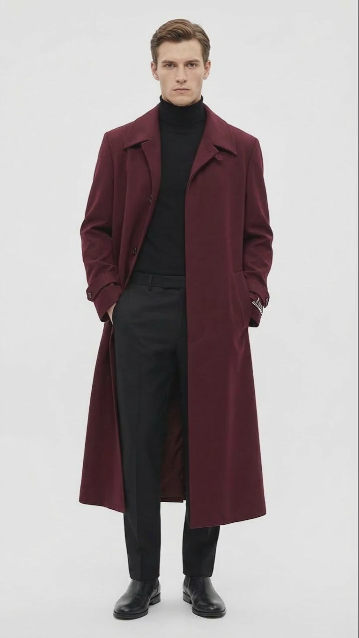 Men’s Full-Length Burgundy Overcoat – Microfiber 4 season fabric  Long Formal Coat with Classic Tailored Maxi Duster Coat