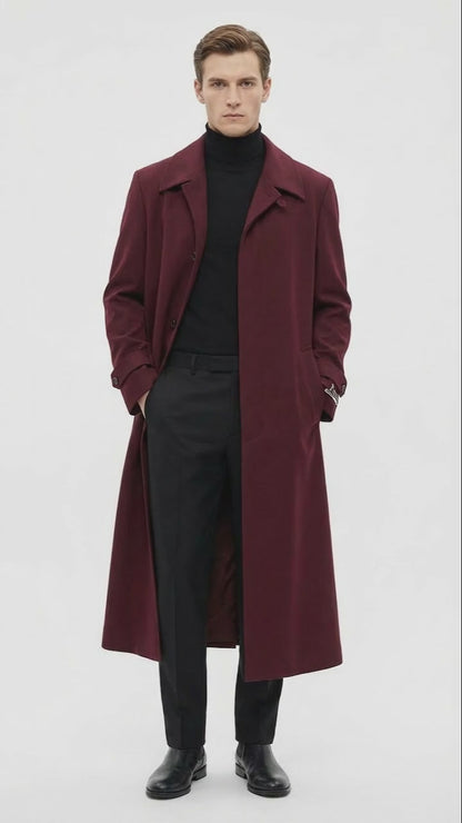 Men’s Full-Length Burgundy Overcoat – Microfiber 4 season fabric  Long Formal Coat with Classic Tailored Maxi Duster Coat