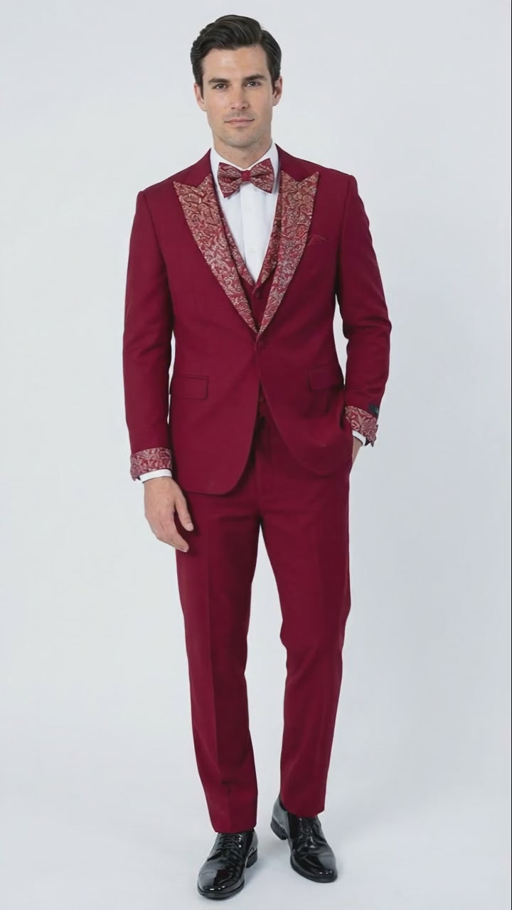 Men's Burgundy and White Embellished Tuxedo Suit – Slim Fit 3-Piece Formal Wedding, Prom, and Gala Outfit