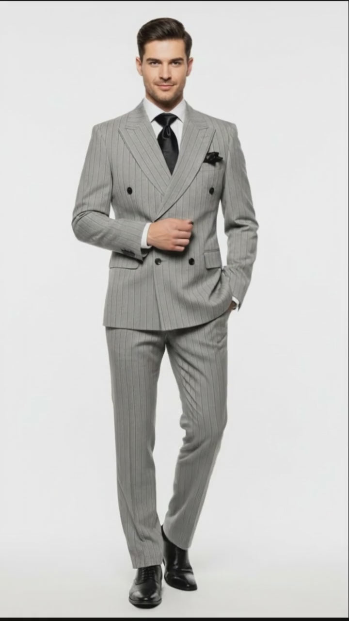 Men’s Grey and Black Pinstripe Double-Breasted Suit – 1920s Gangster Vintage Looking suit By Rossiman