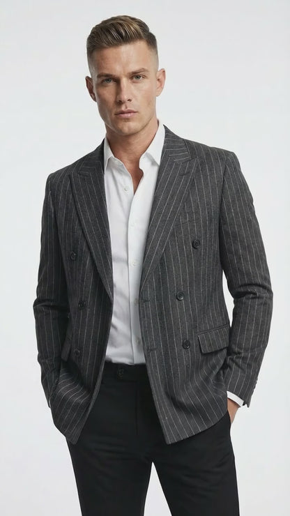 Mens Charcoal Gray Pinstripe Double Breasted Blazer Sport Coat – Classic Formal Business Jacket for Office and Smart Casual Wear