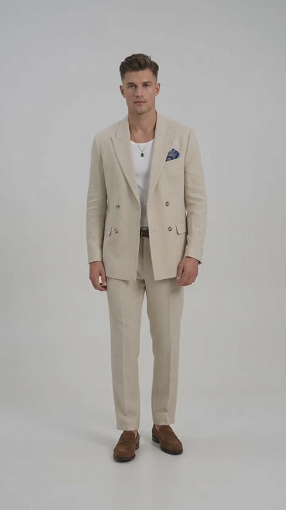 Men’s Light Beige Linen Double-Breasted Suit – Summer Wedding, Beach and Formal 2-Piece Suit