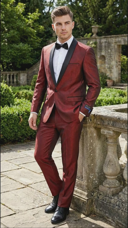 Men’s Shiny Burgundy Satin Tuxedo Jacket with Black Shawl Lapel | Formal Wedding & Prom Blazer - Sharkskin Fabric