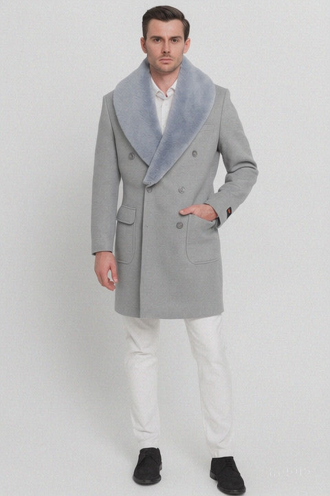 Men’s Light Grey Double Breasted Overcoat with Faux Fur Shawl Collar – Winter Luxury Coat Wool Fabric