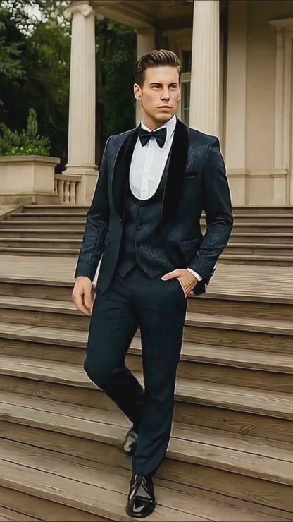 Men’s Navy Blue Jacquard Tuxedo with Black Velvet Shawl Lapel – 3 Piece Formal Suit with Bow Tie