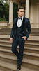 Men’s Navy Blue Jacquard Tuxedo with Black Velvet Shawl Lapel – 3 Piece Formal Suit with Bow Tie