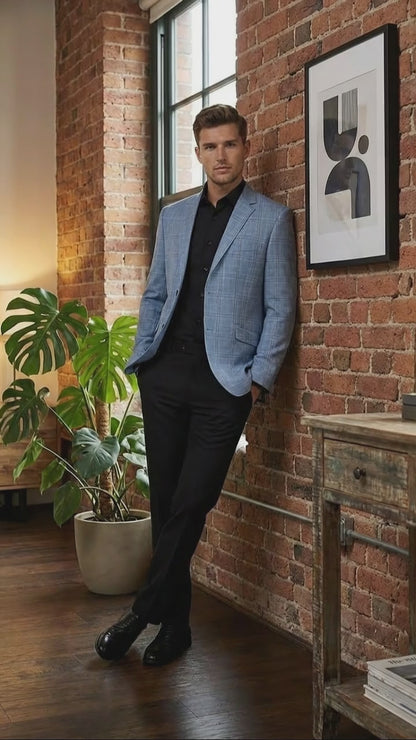 Men’s Big and Tall Light Blue Checkered Blazer and Sport Coat – Sky powder blue windowpane plaid pattern Jacket