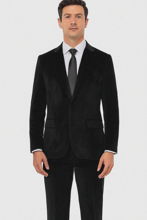 Men’s Black Velvet Peak Lapel Suit – 2-Piece Skinny Fit Formalwear by Tazzio