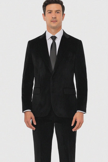 Men’s Black Velvet Peak Lapel Suit – 2-Piece Skinny Fit Formalwear by Tazzio