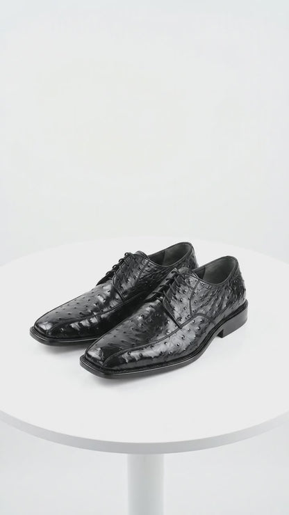 Men’s Los Altos Black Full Quill Ostrich Lace-Up Dress Shoes, Bicycle Toe Formal Shoes