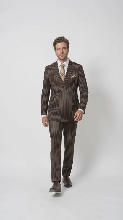 Men’s Brown Gangster Pinstripe Double Breasted Wool Suit, Designer Formal Wedding Suit By Statement