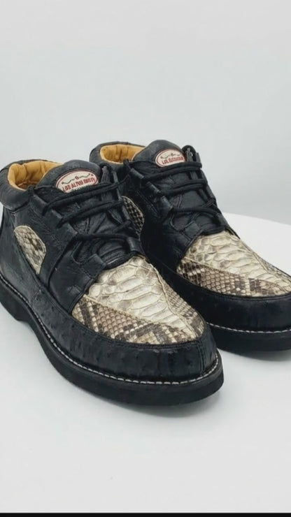 Mens Black and Natural Exotic Alligator Crocodile Casual Shoes – Ostrich and Snakeskin Pattern Lace Up Dress Shoes - Boot By Los Altos