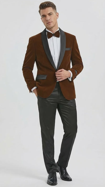 Mens Brown Velvet Tuxedo Jacket – Luxury Black Lapel Velvet Blazer for Wedding, Prom and Formal Events