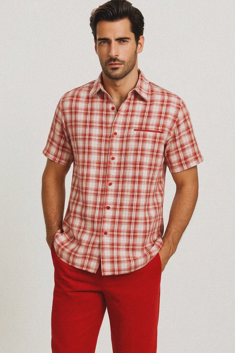 Mens Textured Plaid Walking Suit in Red/Off White by Dreams by Zacchi – 2 Piece Leisure Outfit with Matching Shirt and Pants - $99