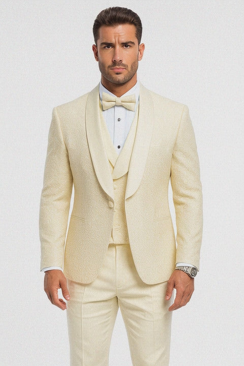 Men’s Ivory Vested Tuxedo – Stylish Floral Lace Designer Wedding Suit