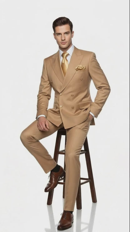 Mens Camel - Bronze - Goldish khaki Double-Breasted Suit – Luxury 2-Piece Formal Set with Gold Buttons and Peak Lapels by Rossi Man