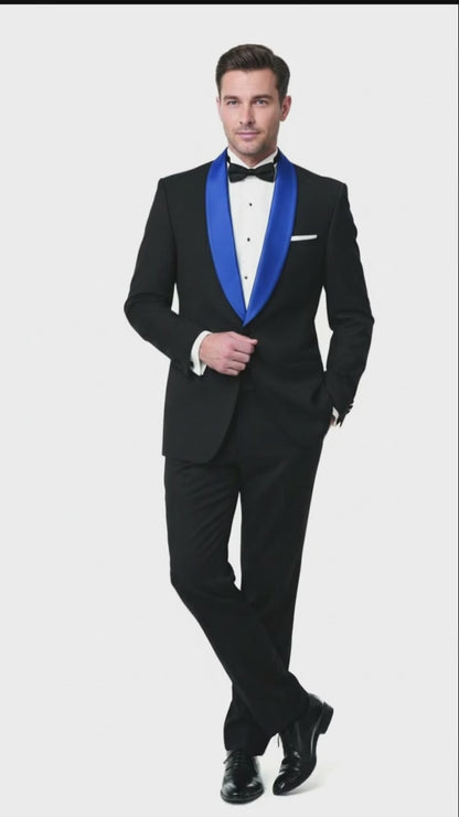 Men’s Black Tuxedo with Royal Blue Shawl Lapel | Modern Formal Dinner Jacket Suit + Pants for Weddings, Proms