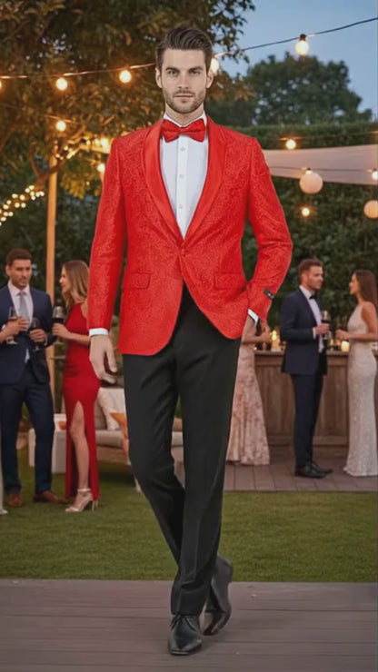 Big and Tall Mens Red Paisley Tuxedo Jacket – Satin Shawl Lapel Blazer with Bow Tie - Christmas Jacket