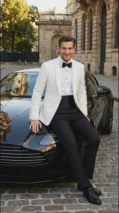 Men's White Dinner Jacket Tuxedo Blazer with Black Satin Shawl Lapel  With Black Tuxedo Pants