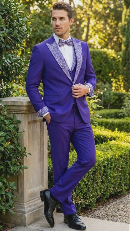 Men’s Purple and white sivler lapel  Embellished Tuxedo Suit –  Formal Wedding, Prom, and Gala Outfit Mardi Gras