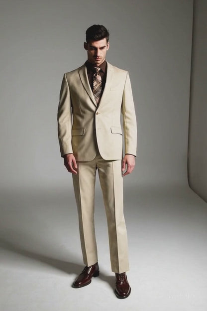 Mens 2 Button Slim Fit Rayon Fabric Suit in Beige
