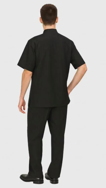 Men’s Black Banded Collar Walking Suit – Short Sleeve Shirt and Matching Pants Banded Collar Linen Fabric