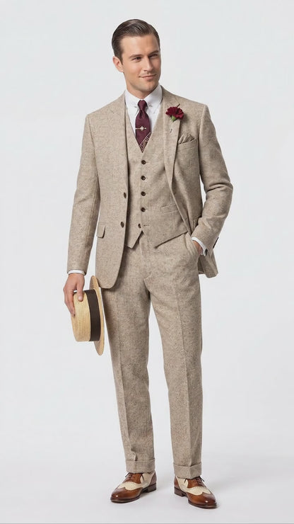 Men’s Light Tan Tweed Great Gatsby 3 Piece Suit – Vintage Vested Wedding Suit, 1920s Classic Formal Outfit Herringbone