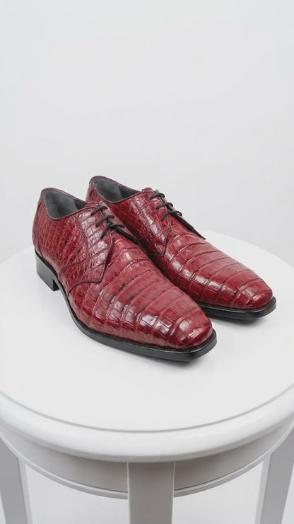 Men’s Los Altos Wine Burgundy Crocodile Lace Up Dress Shoes, Exotic Formal Wedding Shoes