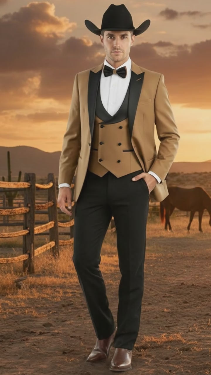 Men’s Western Cowboy Tuxedo – Tan and Black 3-Piece Suit with Satin Lapel and Vest in Mocca Coffee Color