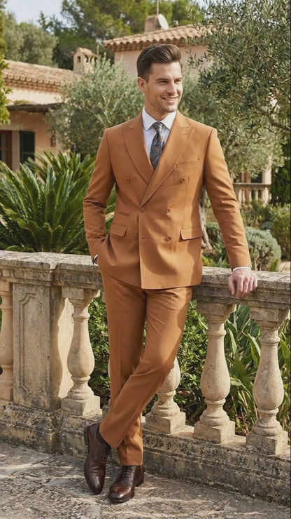 Men’s Vitali Brand Rustish Orange Brown Copper Color Double Breasted Slim Fit Suit