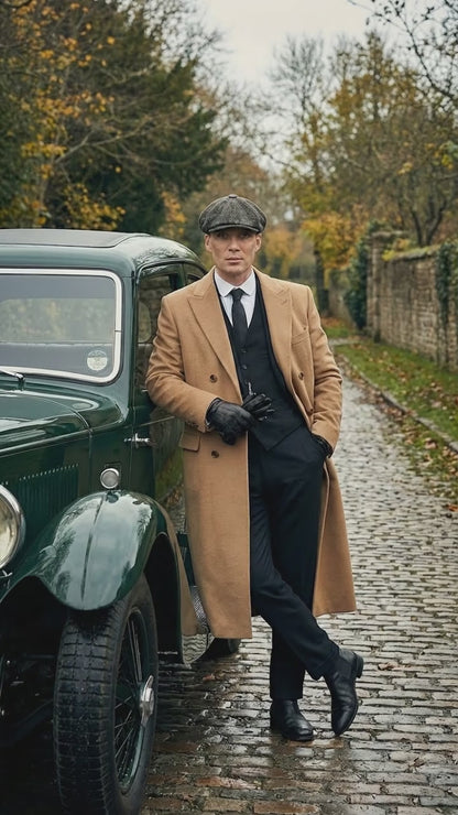 Mens Camel Brown Double Breasted Wool Overcoat + Suit – Peaky Blinders Inspired Vintage Long Trench Coat with Lapel Collar