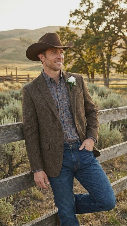Men’s Brown Western Tweed Herringbone Blazer Jacket – Classic Cowboy Style Sport Coat for Wedding Party
