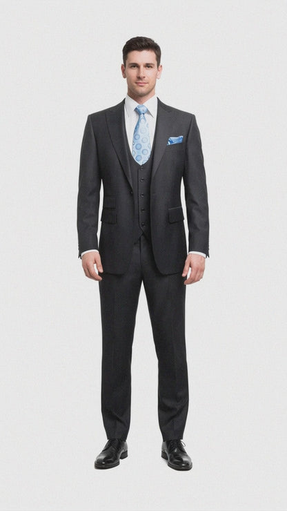 Rossiman Men's Dark Gray Slim Fit Suit – 3-Piece Vested Set with Flat Front Pants