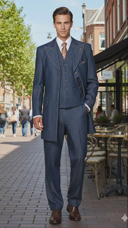 Men’s Cotton Denim Three-Piece Suit – Modern Blazer Denim Suit with Vest and Trousers Pleated Pants Classic Fit