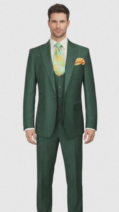 Rossiman Hunter Green Slim Fit Men's Suit – 3-Piece Vested Set with Flat Front Trousers