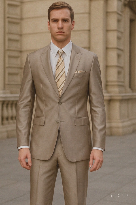 Mens 2 Button Peak Lapel Shiny Sharkskin Suit in Tan
