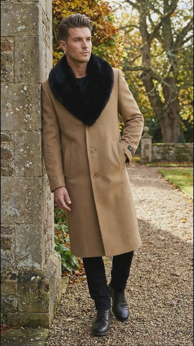 Men’s Camel Tan Long Overcoat with Black Faux Fur Collar - Wool Topcoat Three if not Full length