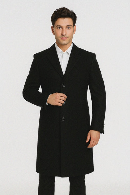 Men's Black Wool Overcoat – 3 Button Ankle Length Winter Dress Coat