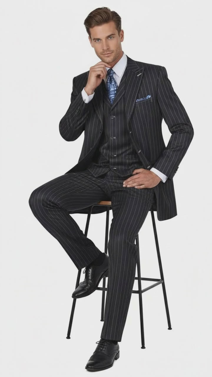 Men’s Three Button Suits -  Navy Blue Pinstripe Three-Piece Suit – Classic Business and Formal Wear with Tailored Fit