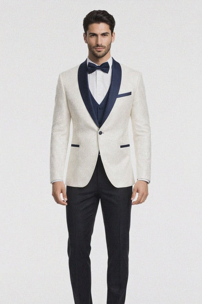 Designer White Metallic Flake Tuxedo with Navy Trim – 3-Piece Suit