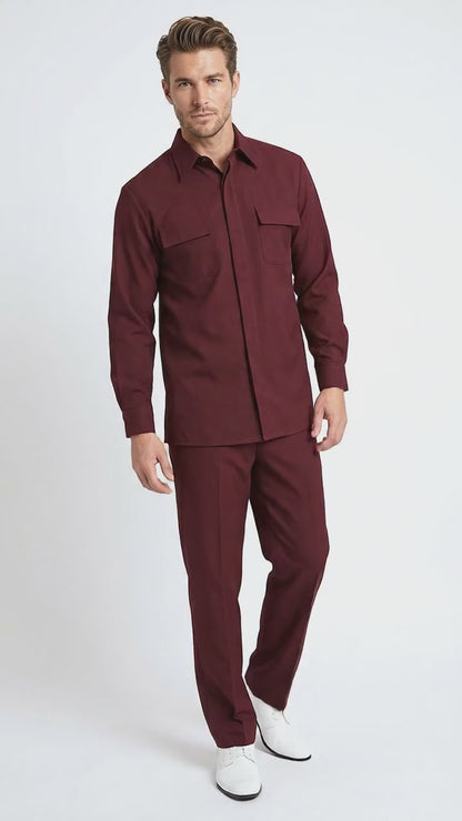 Men’s Apollo King Burgundy 2 Piece Walking Suit with Long Sleeve Shirt Jacket and Matching Pants