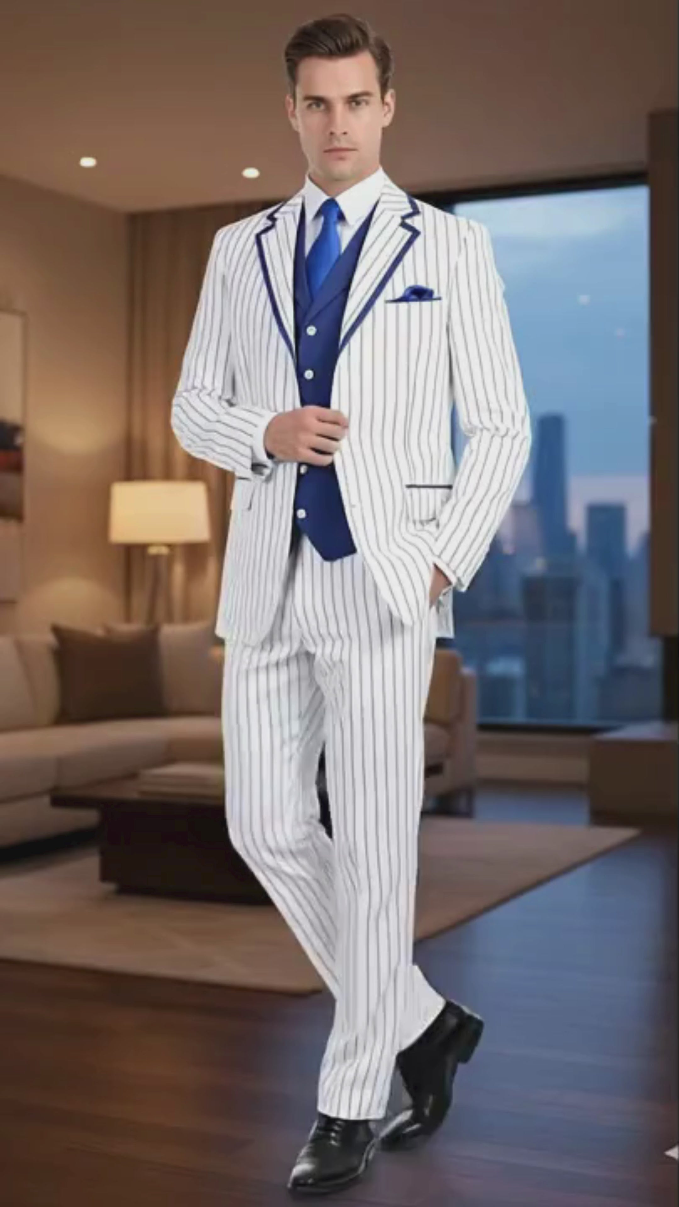 Men’s White and Royal Blue Pinstripe 3-Piece Suit – Classic Fit Blazer with Vest, Pants, and Tie