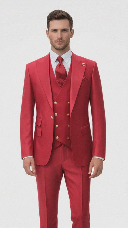 Rossiman Men's Red Suit – Stylish 1-Button Peak Lapel Jacket & Double-Breasted Vest