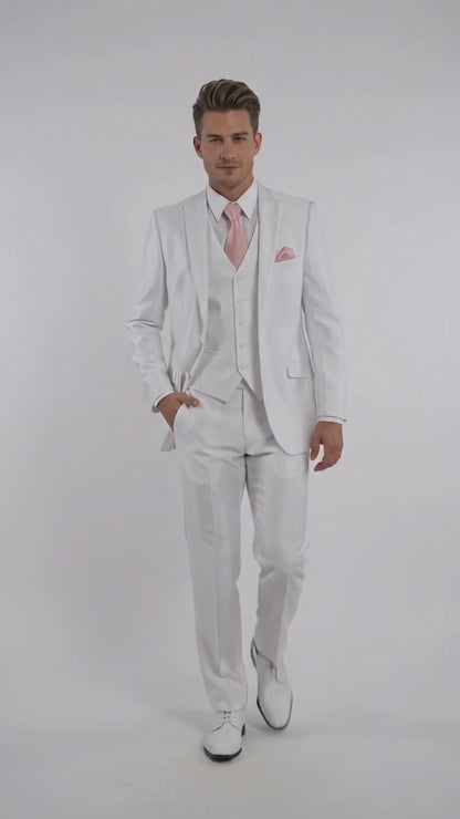 Men’s Shiny White Sateen 3 Piece Suit – Wedding Prom Formal Suit with Vest