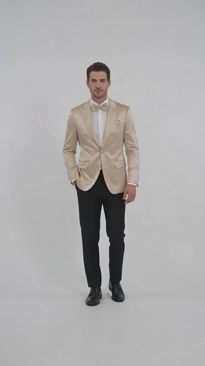 Men’s Champagne Tuxedo Dinner Jacket – Satin Finish Formal Wedding Prom Blazer and Bowtie included